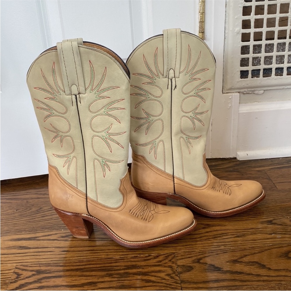 Frye Tan and Cream Heeled Boots